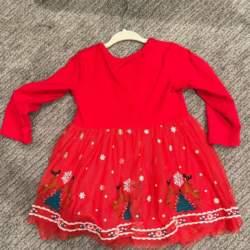 Hanna Andersson Girls Holiday Deer Embroidered Soft Tulle Red Dress